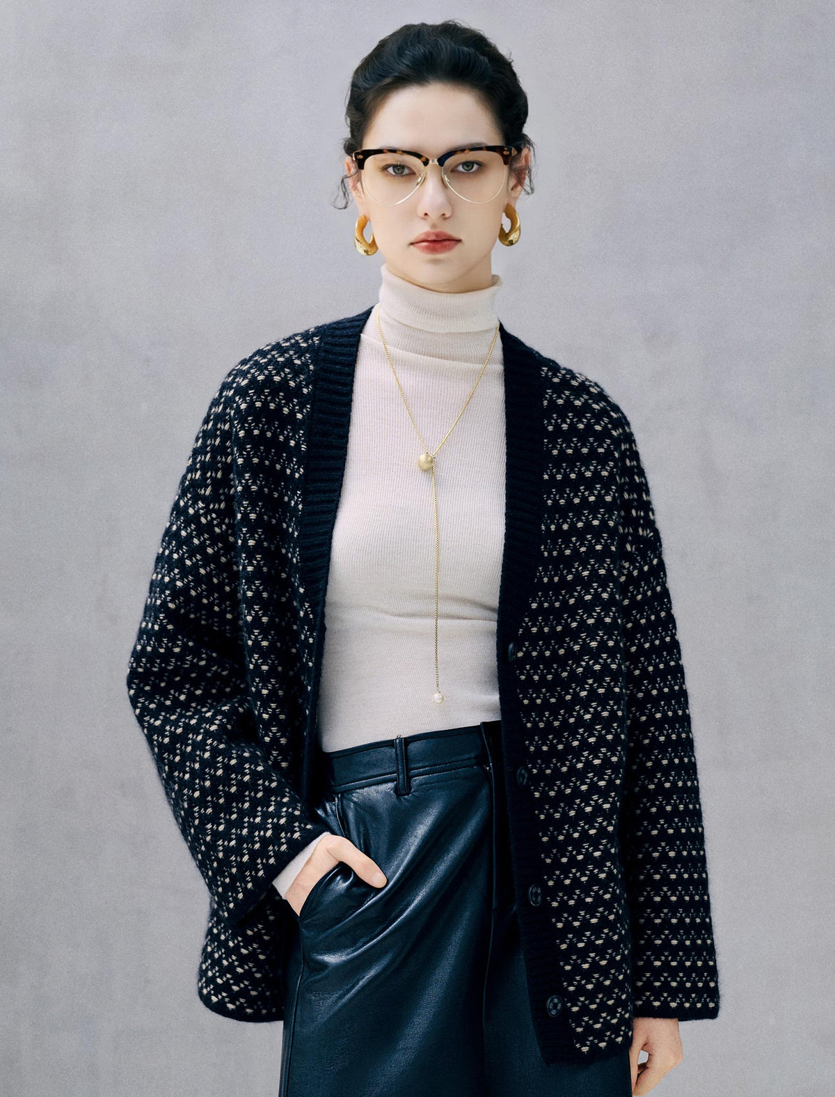 Wool Blend Polka Dot V-Neck Cropped Cardigan