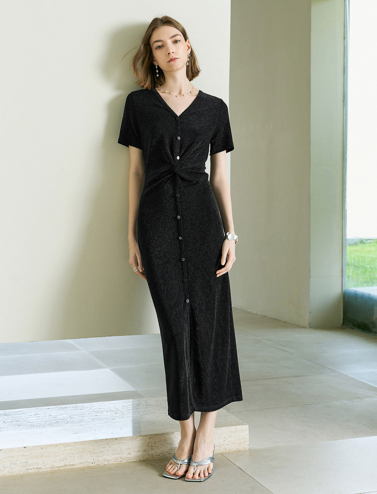 Shiny Black V-Neck Twist Detail Midi Dress