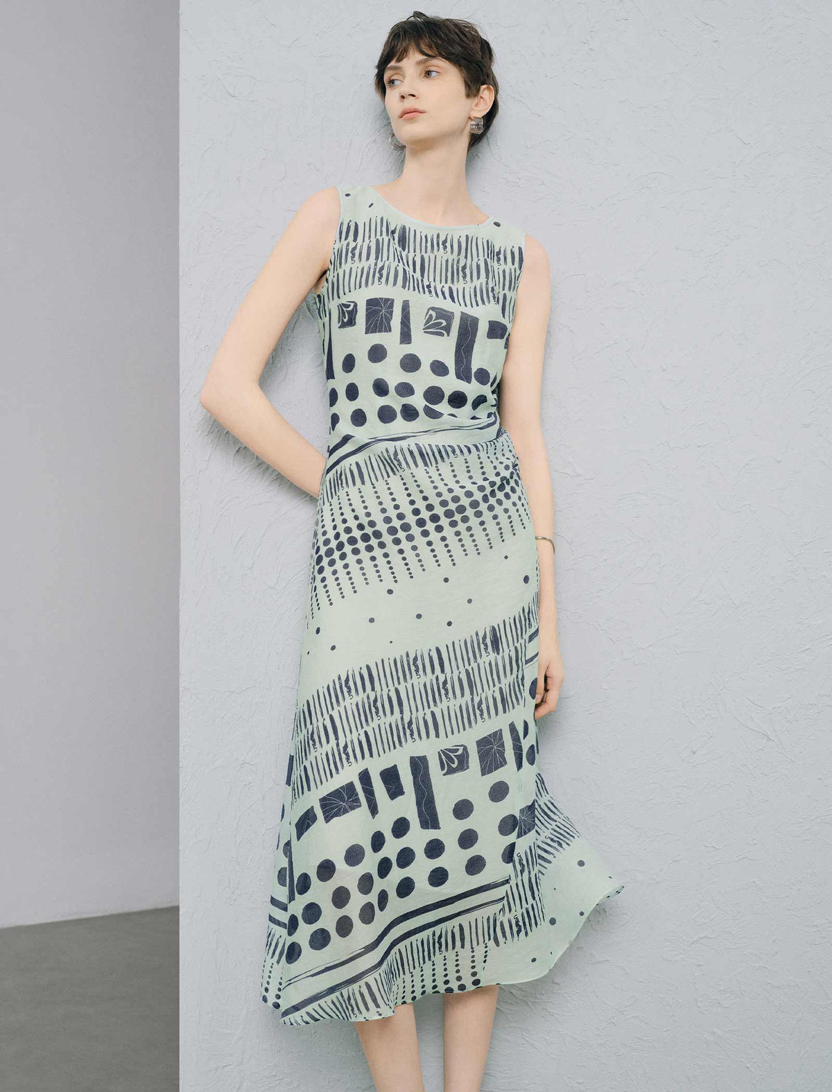 Light Green Geometric Print Tencel Lyocell Sleeveless Midi Dress