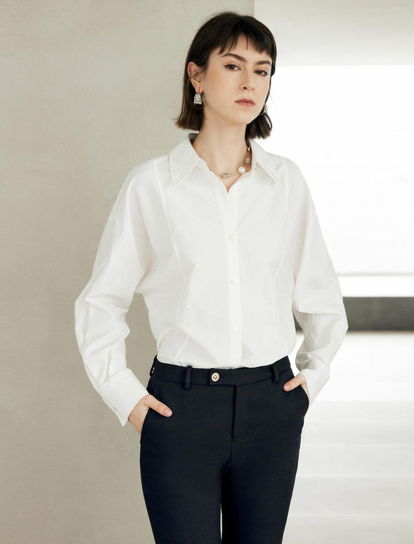 White Minimalist Loose Lapel Long-Sleeve Shirt