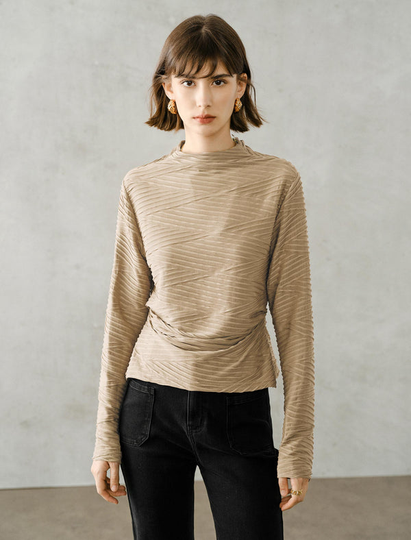 Ruched Slim Fit Mock Neck Long-Sleeve Knit Top