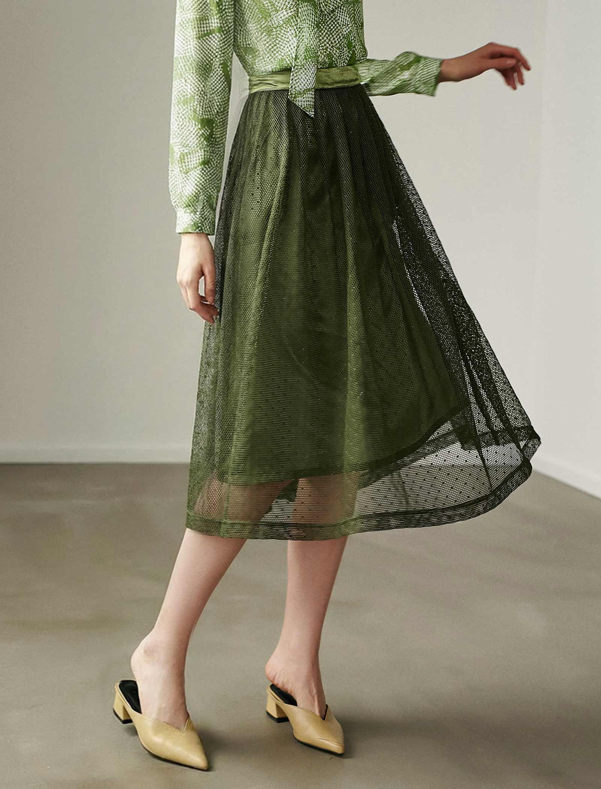 Olive Green Mesh Midi Skirt