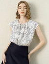 Tencel Linen Floral Print Pearl Button Cap Sleeve Blouse Top