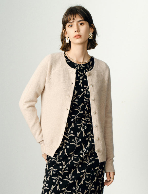 100% Wool Round Neck Long-Sleeve Knit Cardigan