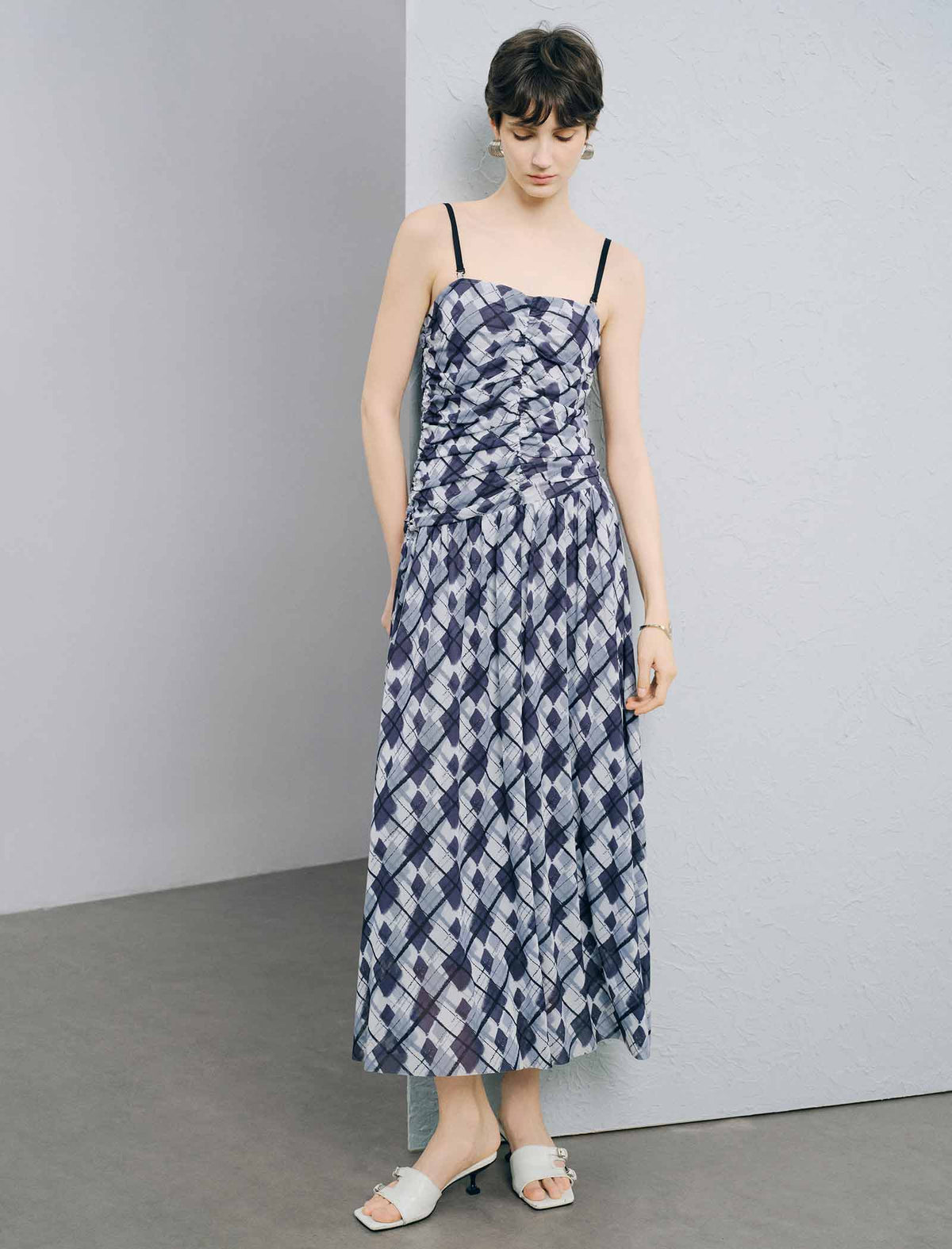 Blue Checked Spaghetti Strap Maxi Dress