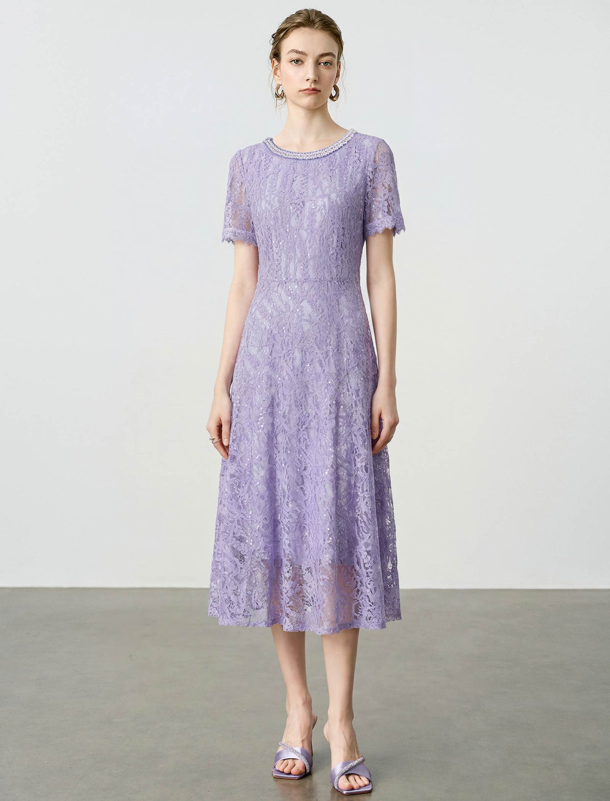Lavender Sequin Lace Beaded Neck Short Sleeve Midi Dress