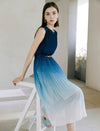 Gradient Blue Pleated Sleeveless Midi Dress