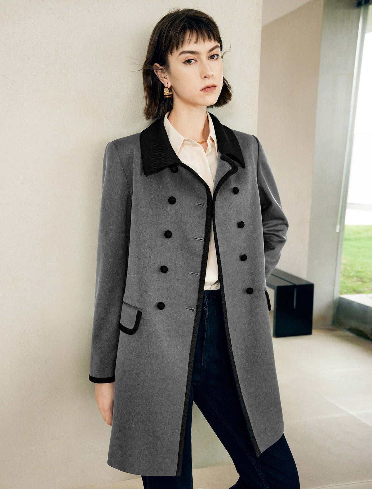 Contrast-Trim Double-Breasted Trench Coat