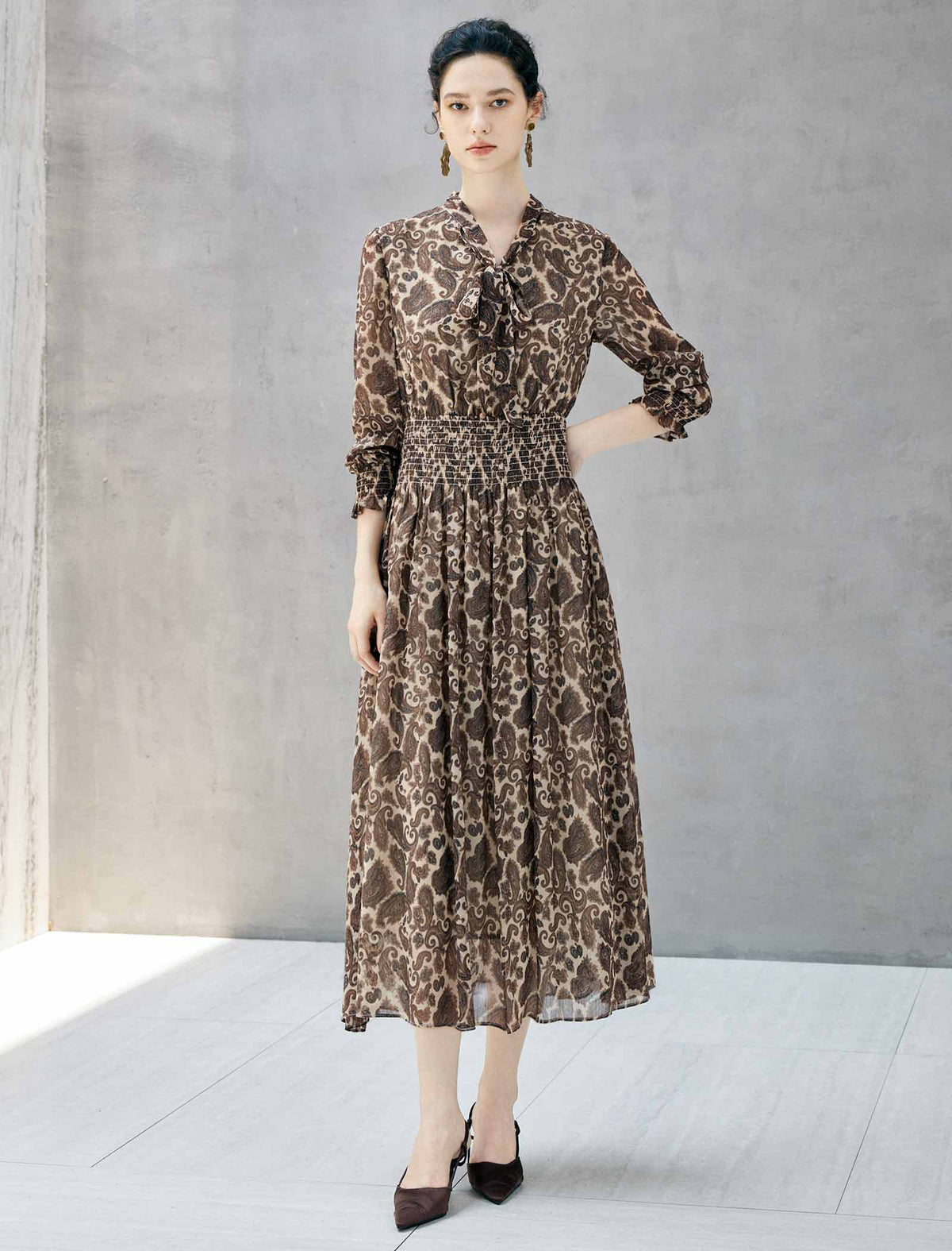 Paisley Print Tie Neck Smocked Waist Midi Dress