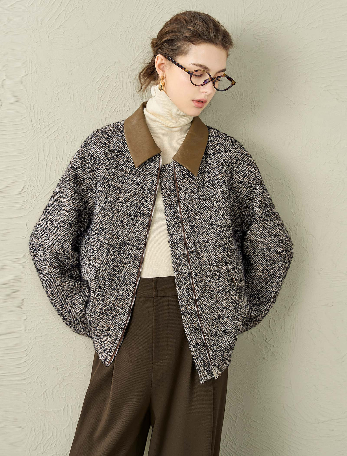 Tweed Wool-Blend Leather Collar Jacket