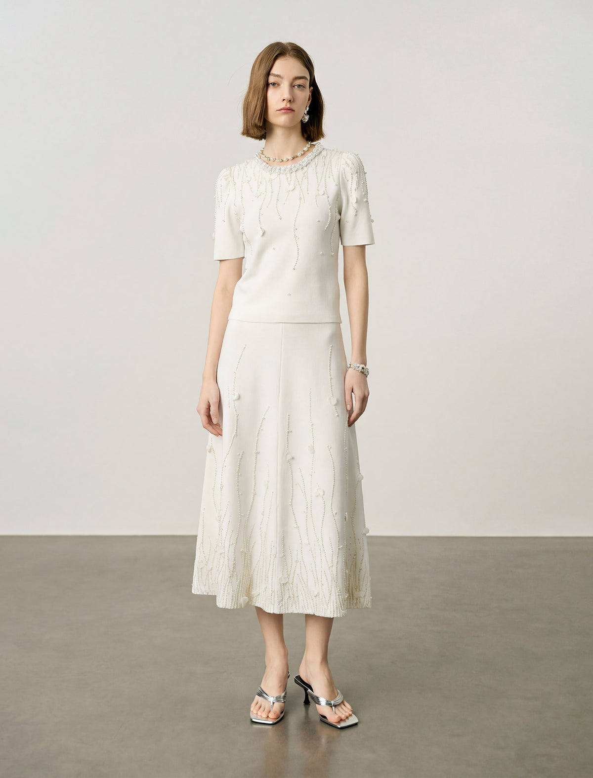 Beaded Embellished Wool Midi Skirt