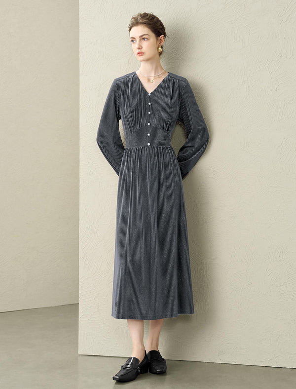Velvet V-Neck Waist-Defining Elegant Midi Dress