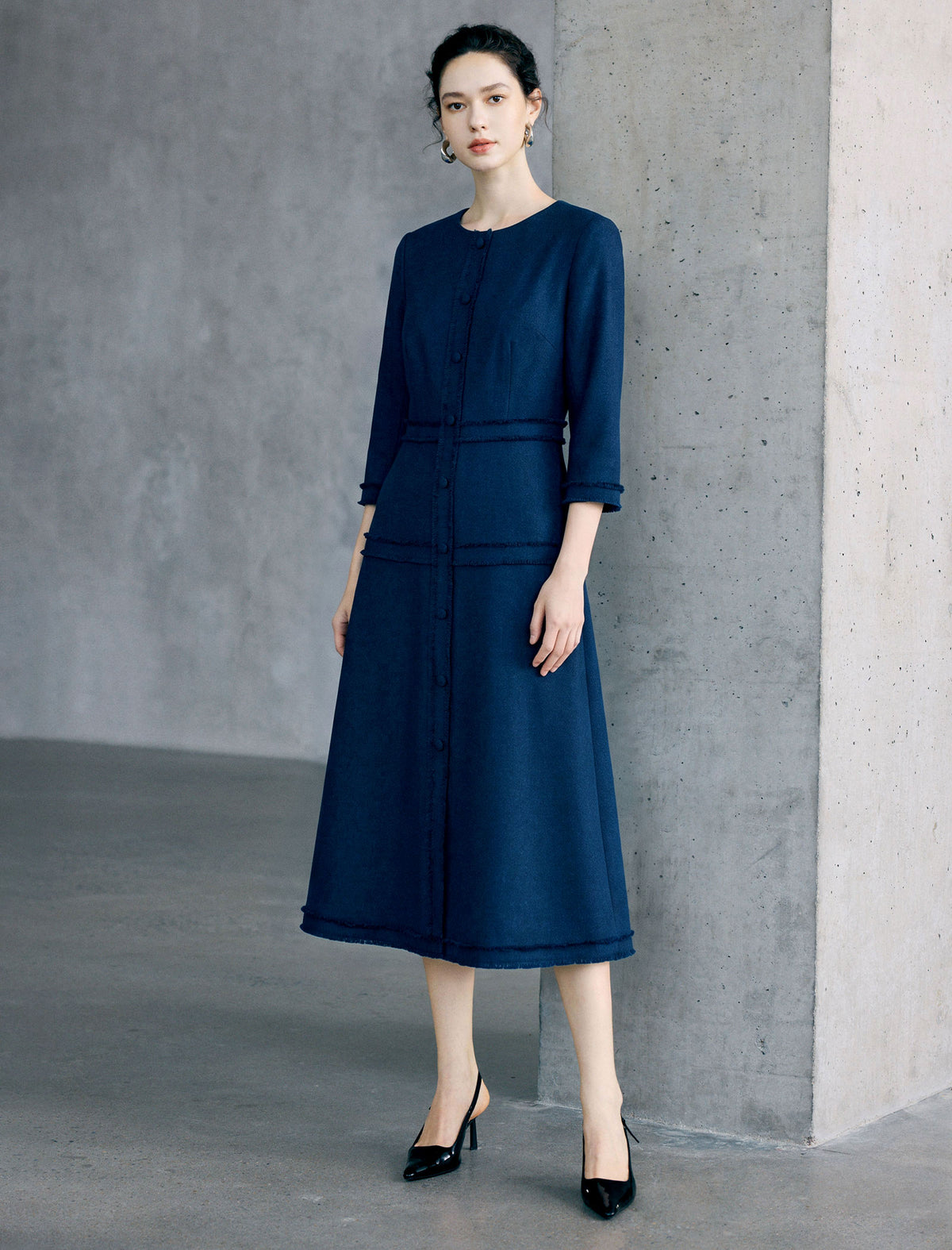 Sculpted Navy Texture Fringe Trim Midi Dress