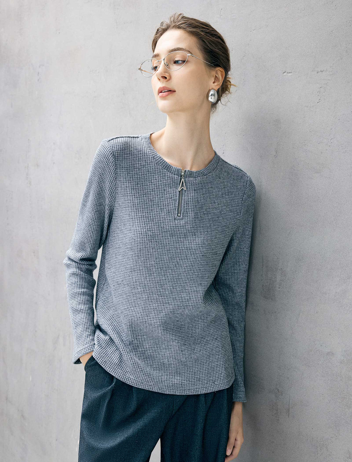 Waffle Texture Half Zip Long Sleeve Top