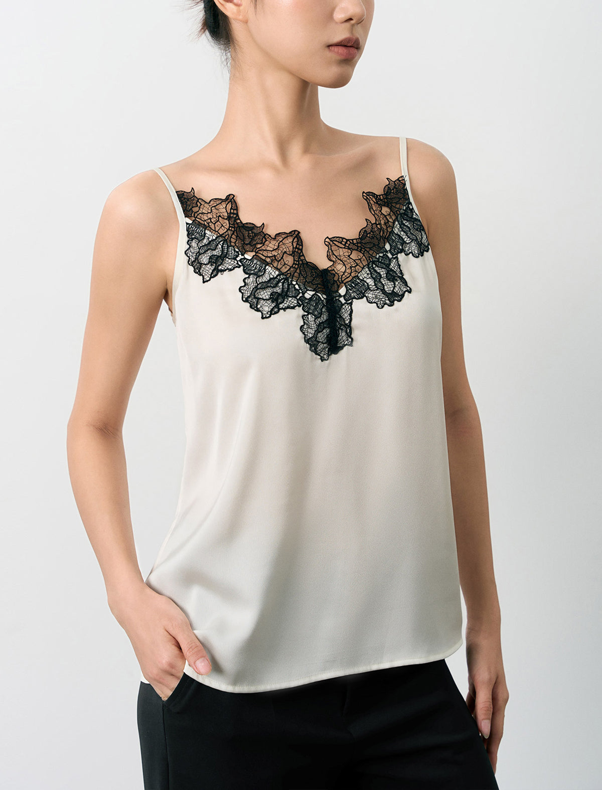 Ivory Satin Black Lace Trim Camisole