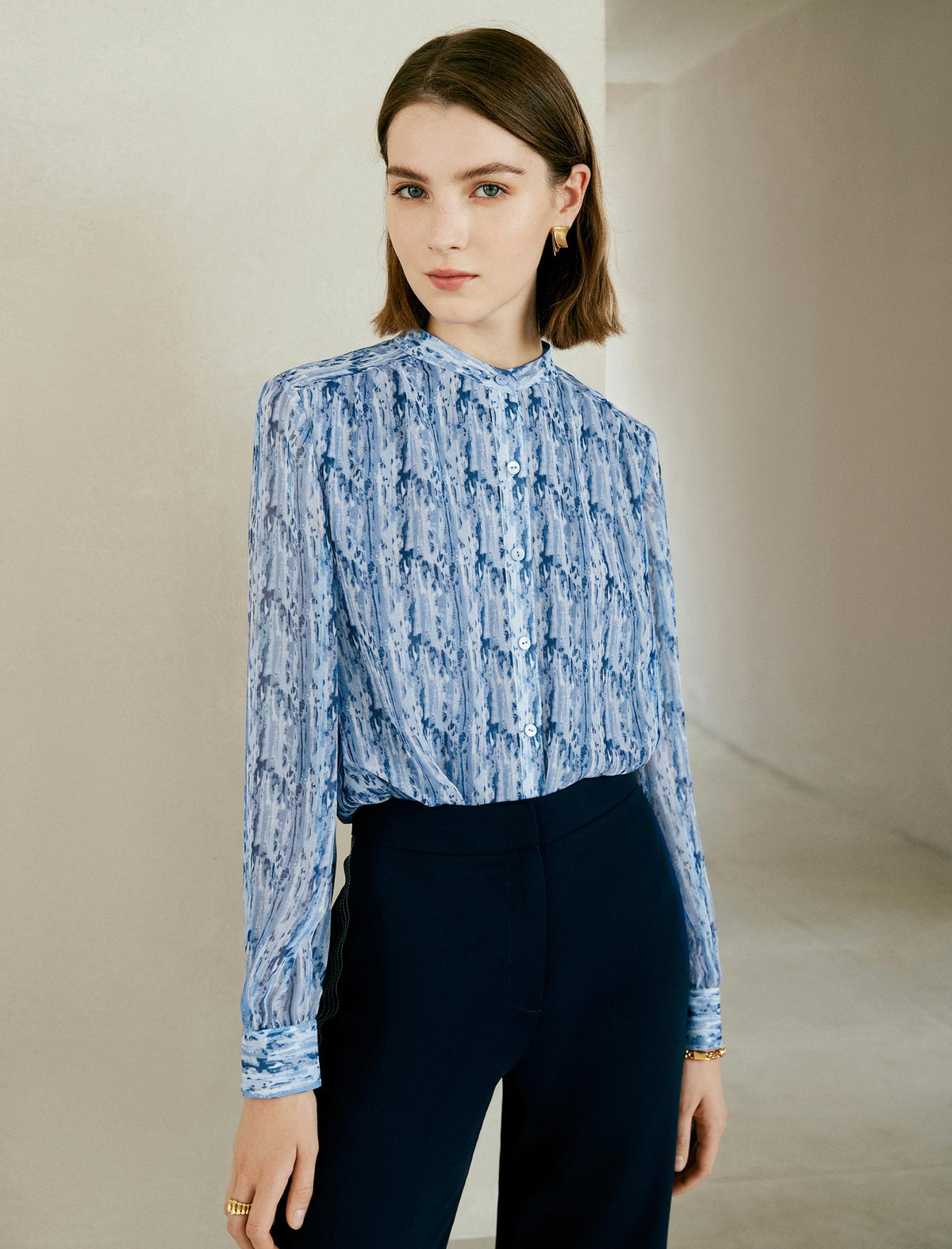 Blue Floral Stand Collar Chiffon Long-Sleeve Blouse