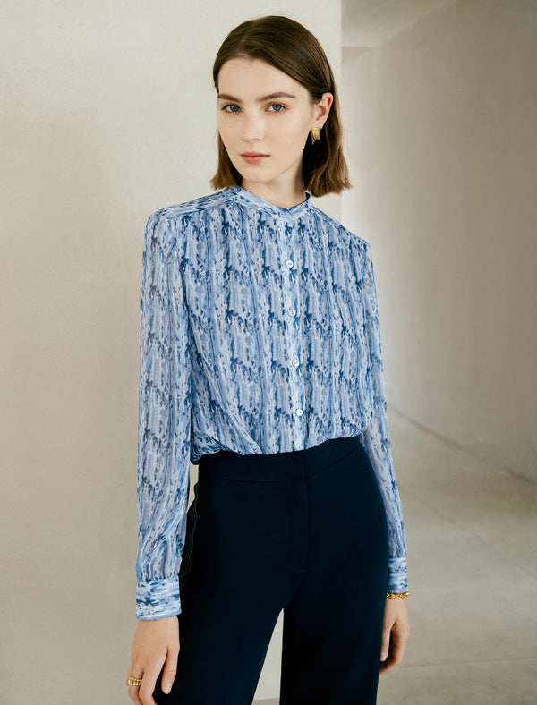 Blue Floral Stand Collar Chiffon Long-Sleeve Blouse