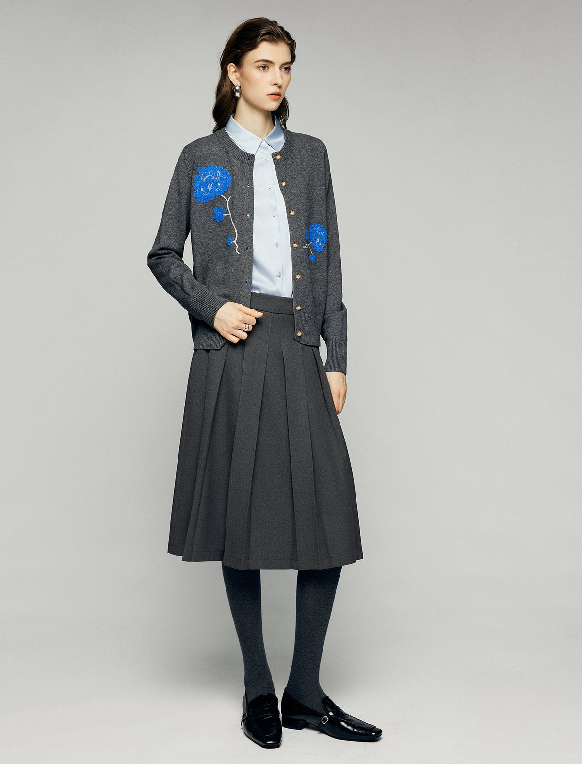 Wool Blend Floral Applique Crewneck Button-Front Cardigan