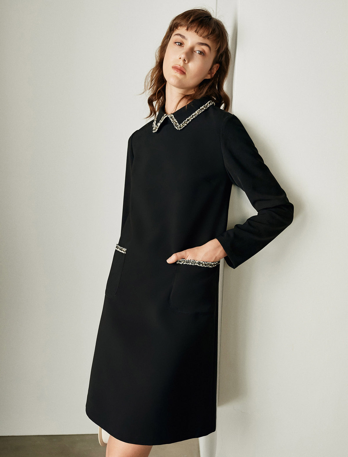Braided-Trim Long Sleeve Pocket Relaxed Dress