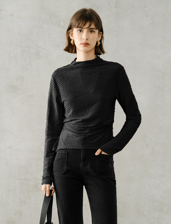 Ruched Slim Fit Mock Neck Long-Sleeve Knit Top