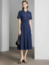Navy Gold Zip Collar Belted Pleated Midi Shirt Dress