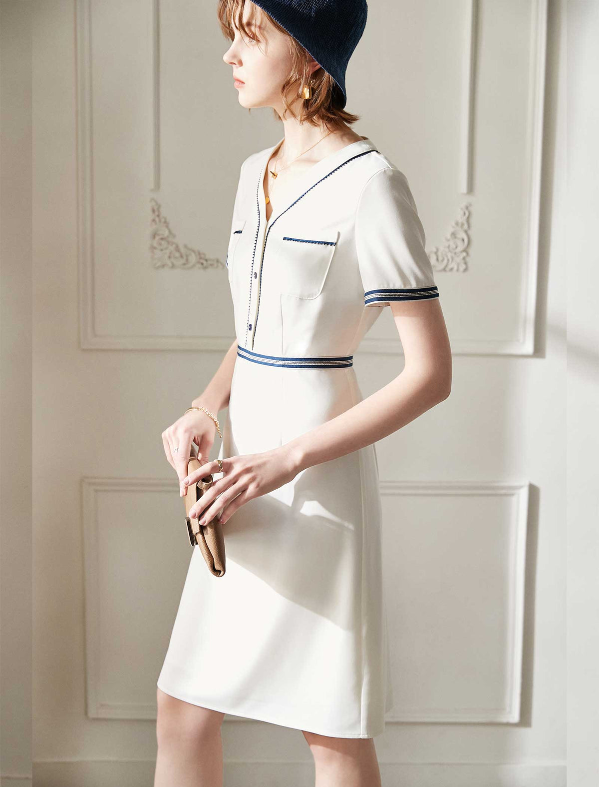 White Contrast Trim V-Neck A-Line Dress