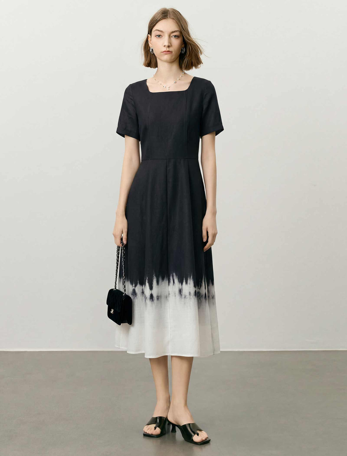 Black And White Ombre Tie-Dye Square Neck Midi Dress