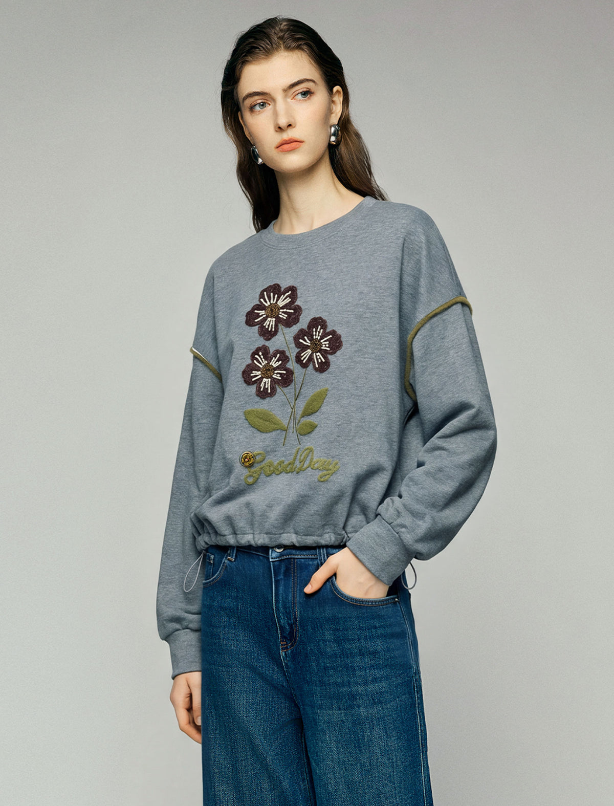 Embroidered Floral Crewneck Drop-Shoulder Drawstring Sweatshirt