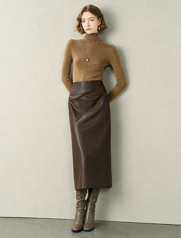 Brown Faux Leather Midi Skirt