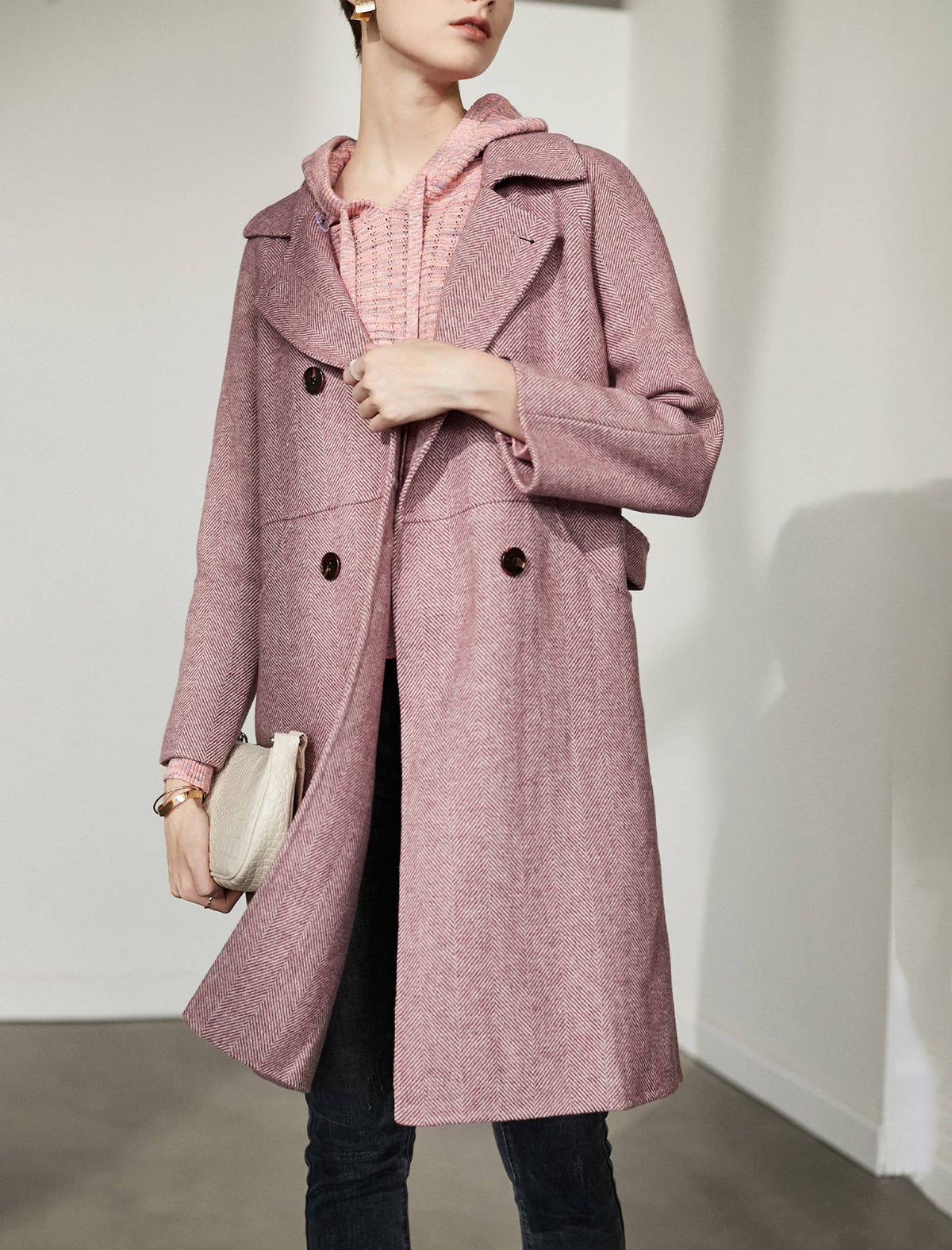 Wool Blend Collared Double-Breasted Pocket Coat