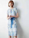 Blue Polka Dot Belted Midi Dress