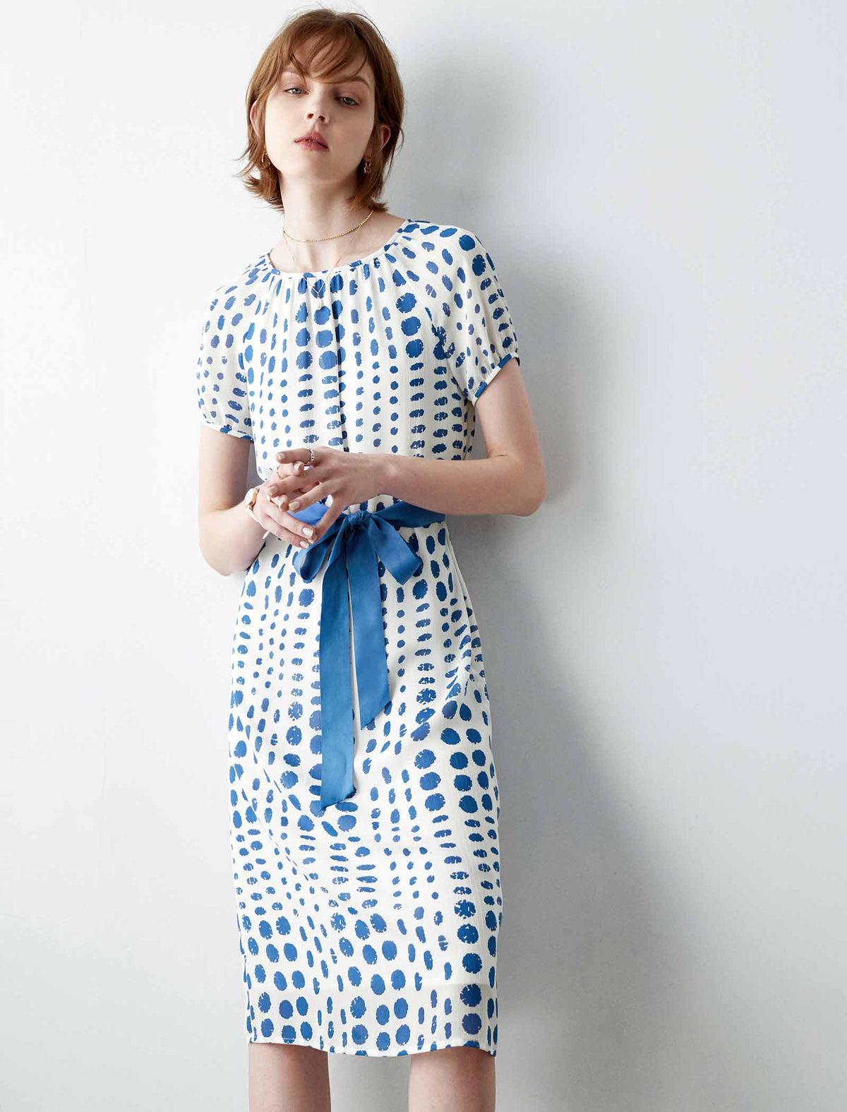 Blue Polka Dot Belted Midi Dress