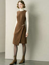 Wool-Blend Asymmetric Hem Leather Buckle Sleeveless Midi Dress