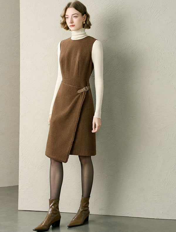Wool-Blend Asymmetric Hem Leather Buckle Sleeveless Midi Dress
