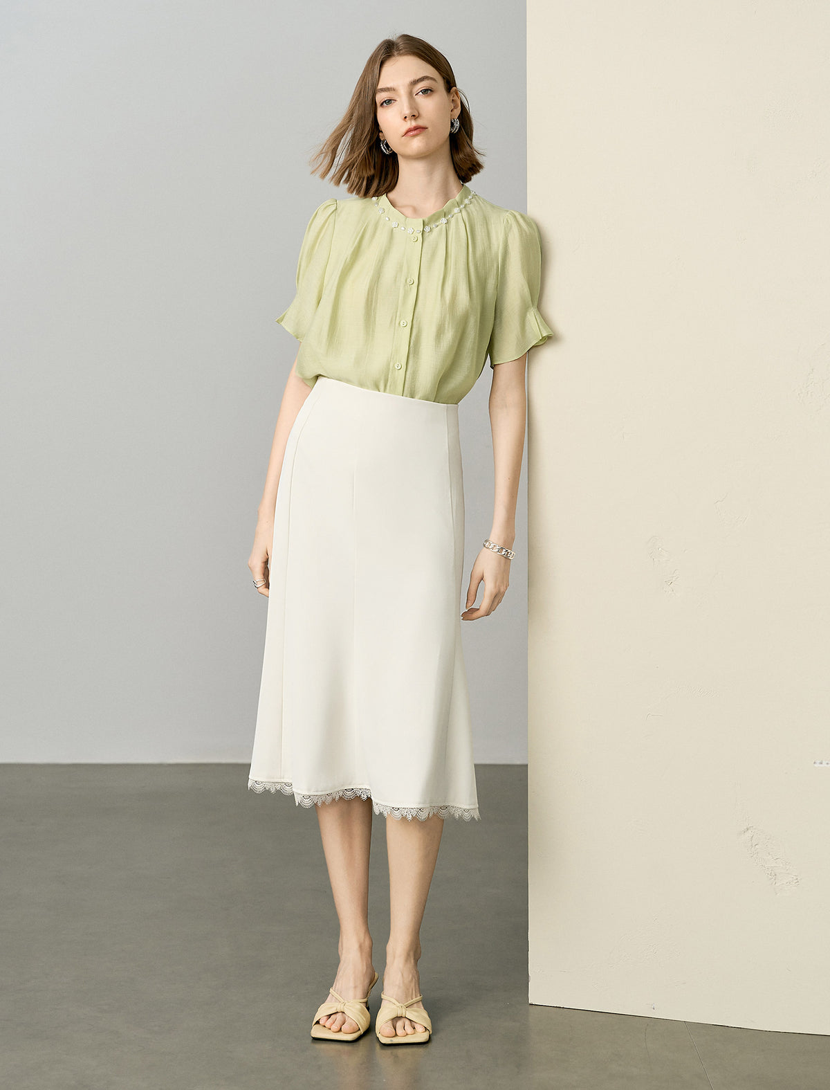 Lace Trim A-Line Midi Skirt