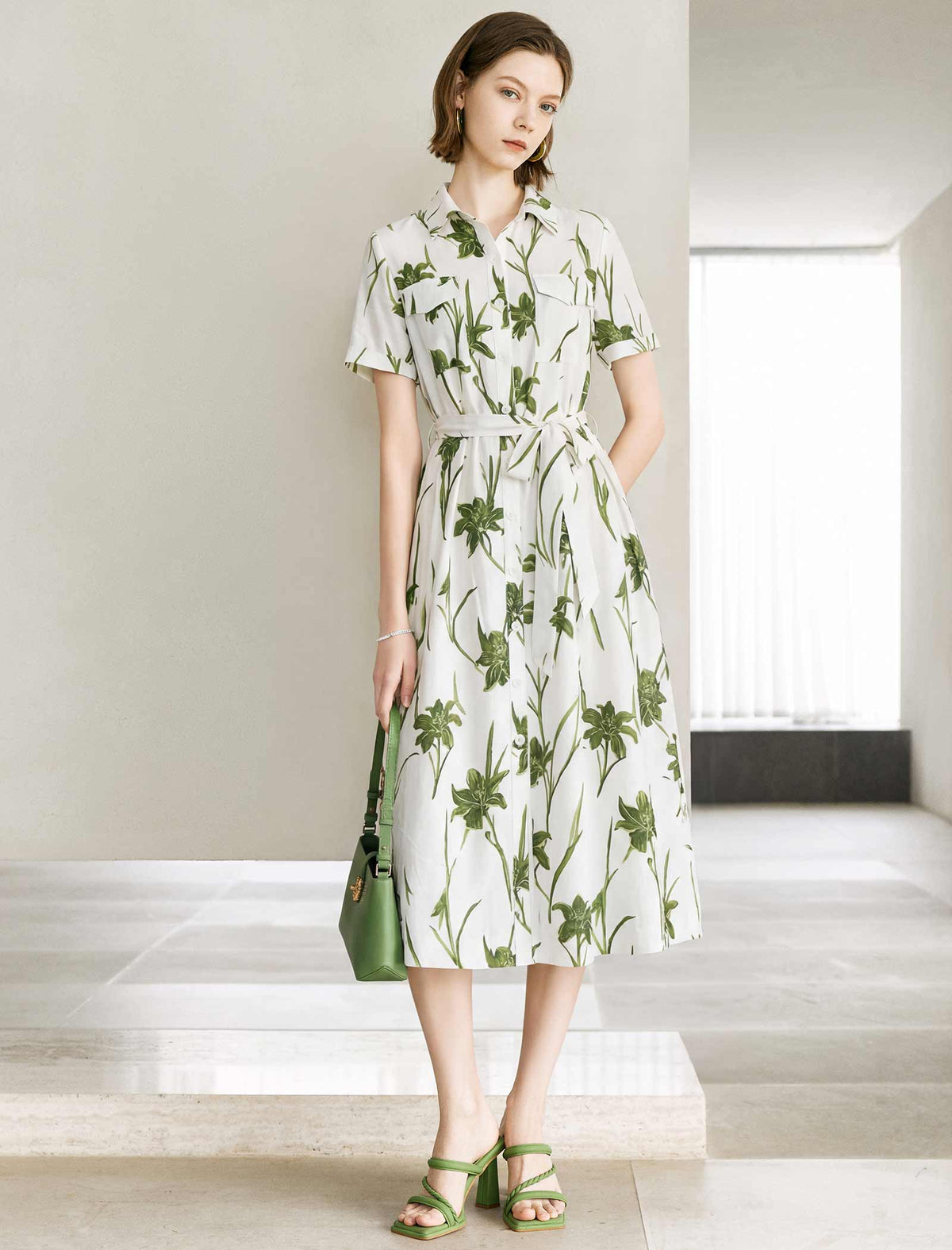 Green Floral Print Collared Short Sleeve Shirt Midi Dress
