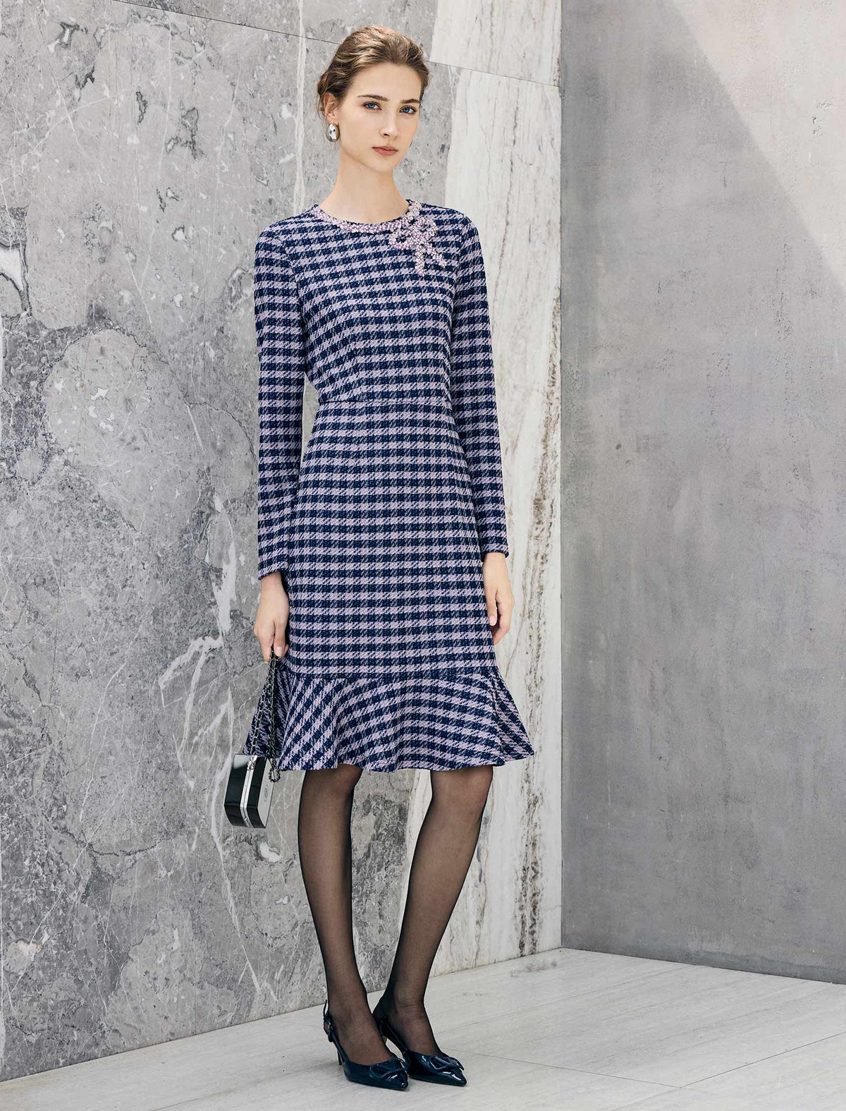 Geometric Plaid Beaded Bow Mermaid Midi Dress