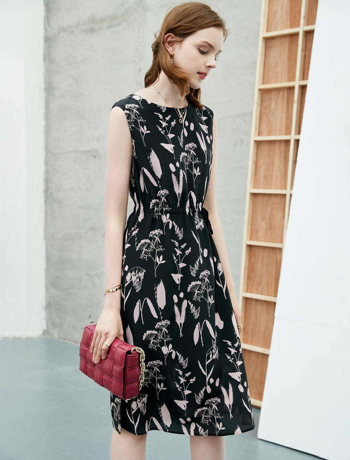 100% Mulberry Silk Black Botanical Sleeveless Midi Dress