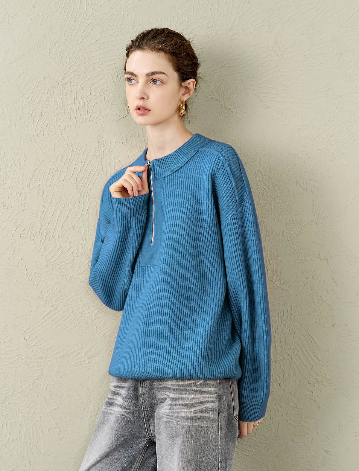Half-Zip 100% Wool Ribbed Sweater