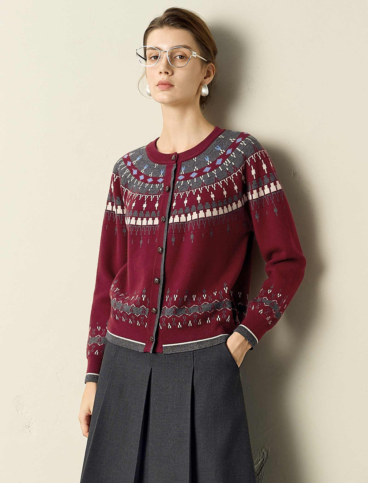 Burgundy Fair Isle Knit Crew Neck Button Front Cardigan