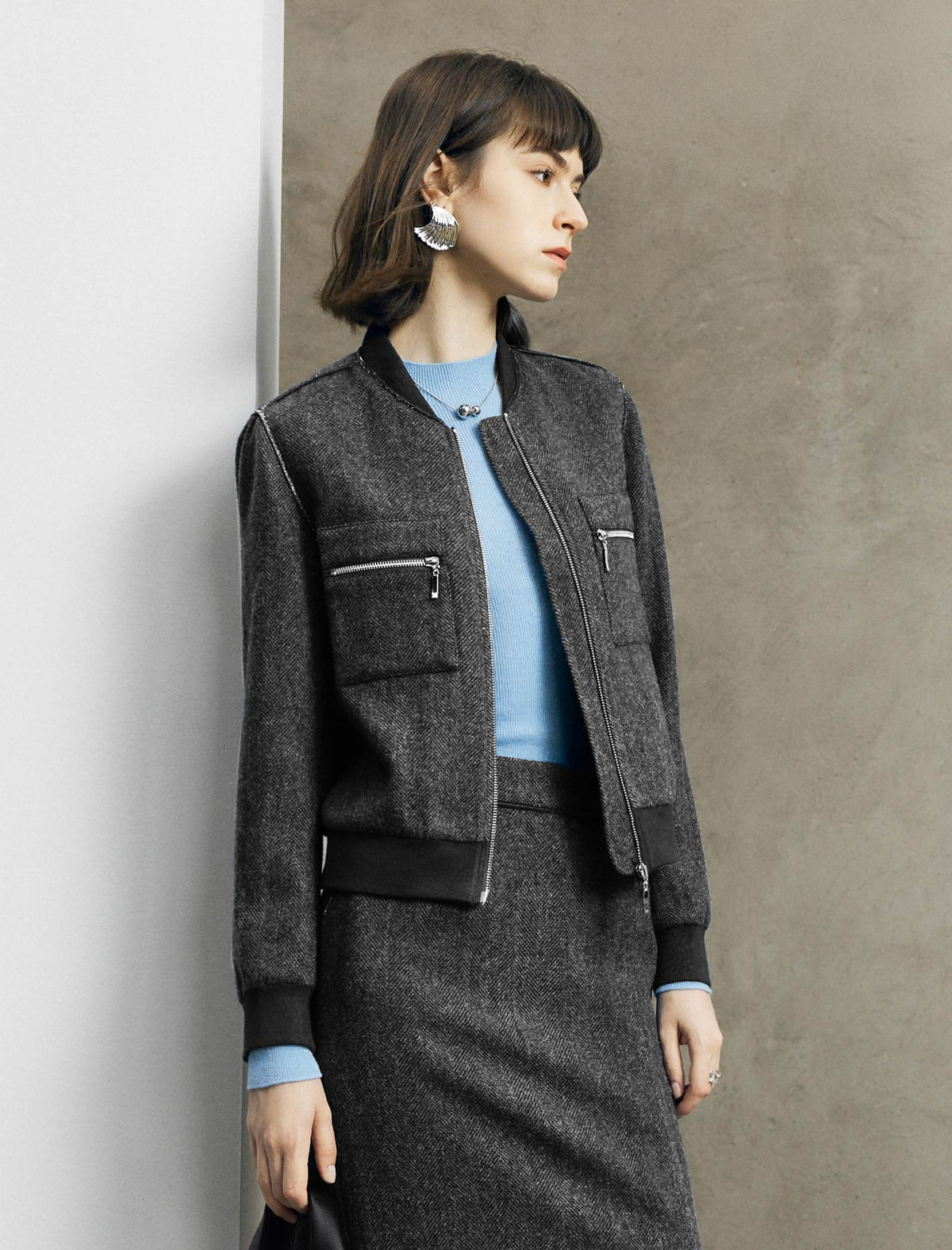 Wool Herringbone Bomber Jacket