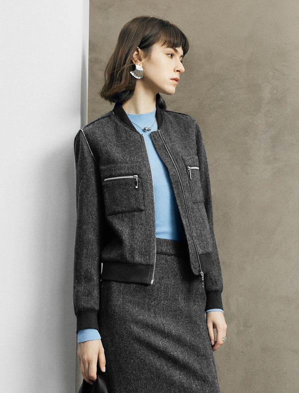 Wool Herringbone Bomber Jacket