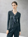Wool Blend Ribbed V-Neck Top with Detachable Leopard Scarf