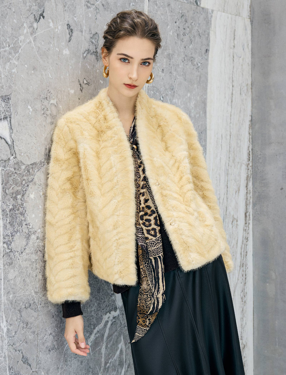 Embossed Cross-Front V-Neck Cropped Jacket