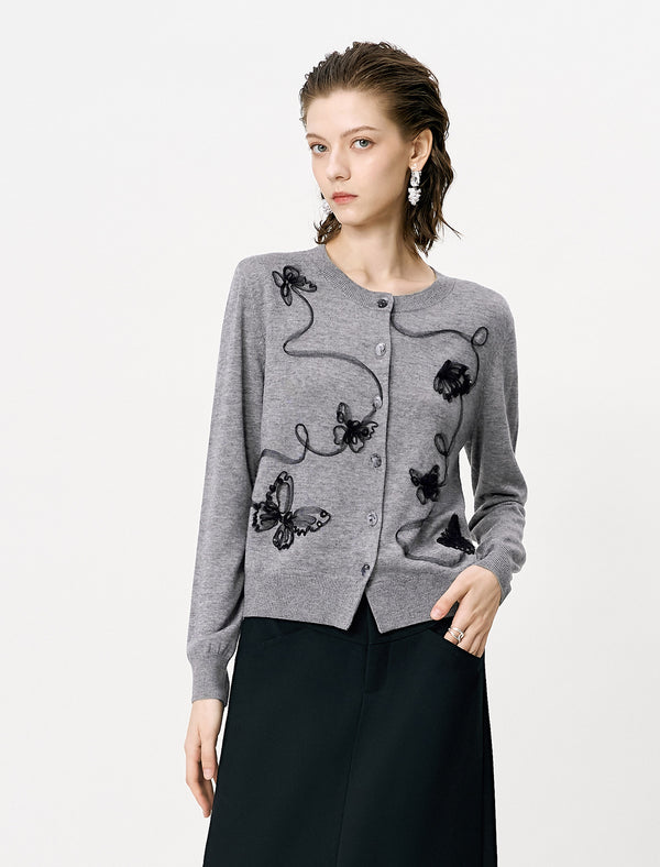 Gray Embroidered Loose Knit Cardigan