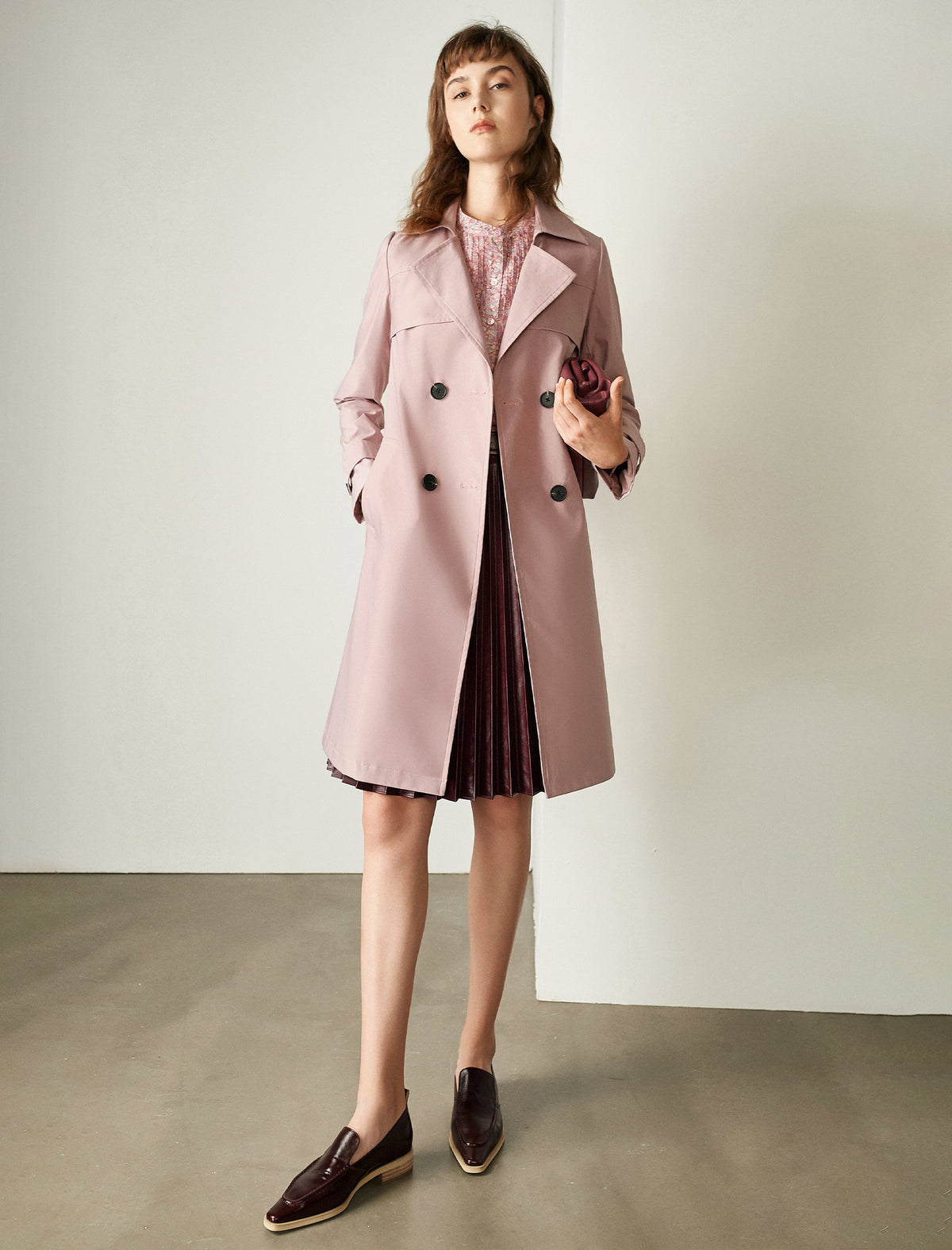 Long Sleeve Double-Breasted Belted A-Line Trench Coat