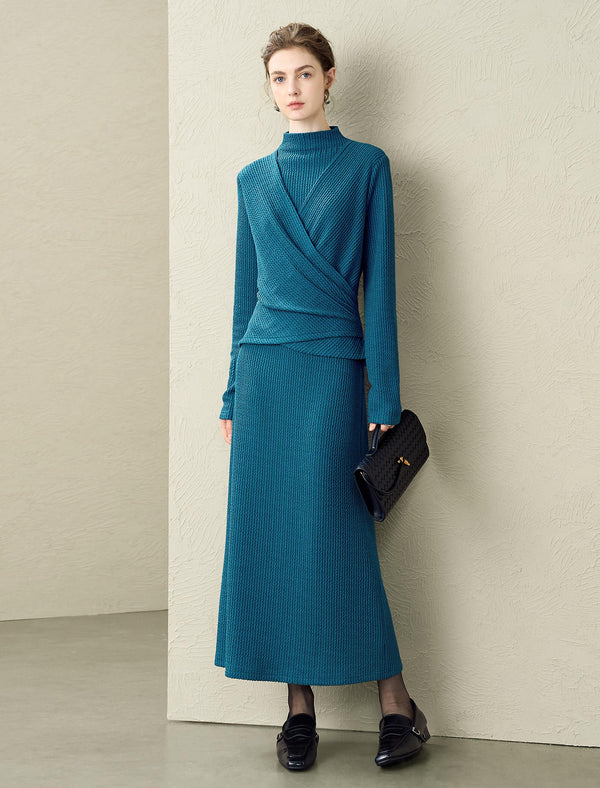 Mock Neck Wrap-Front Knit Maxi Dress