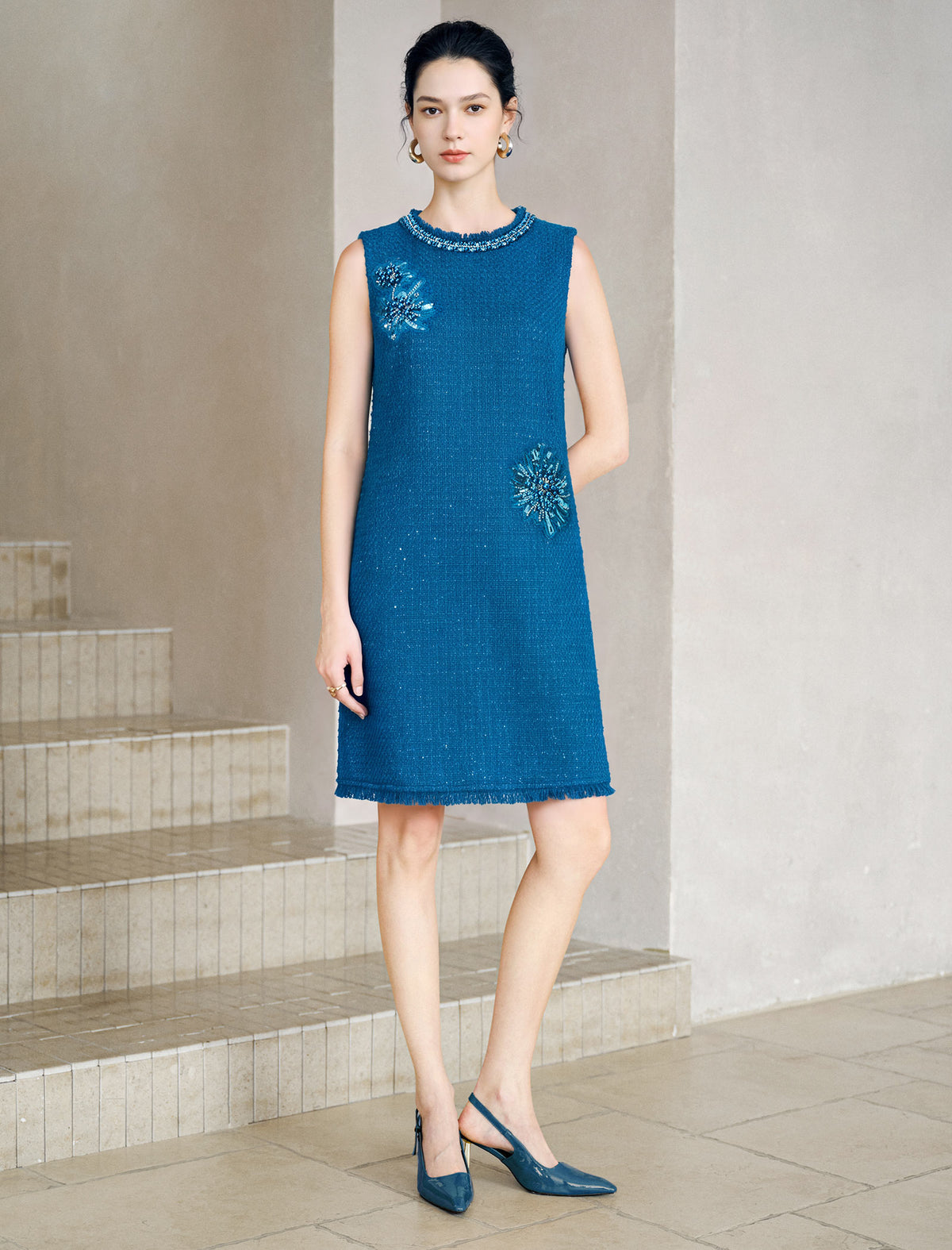 Cobalt Blue Wool Blend Featuring Sequined Floral Dress