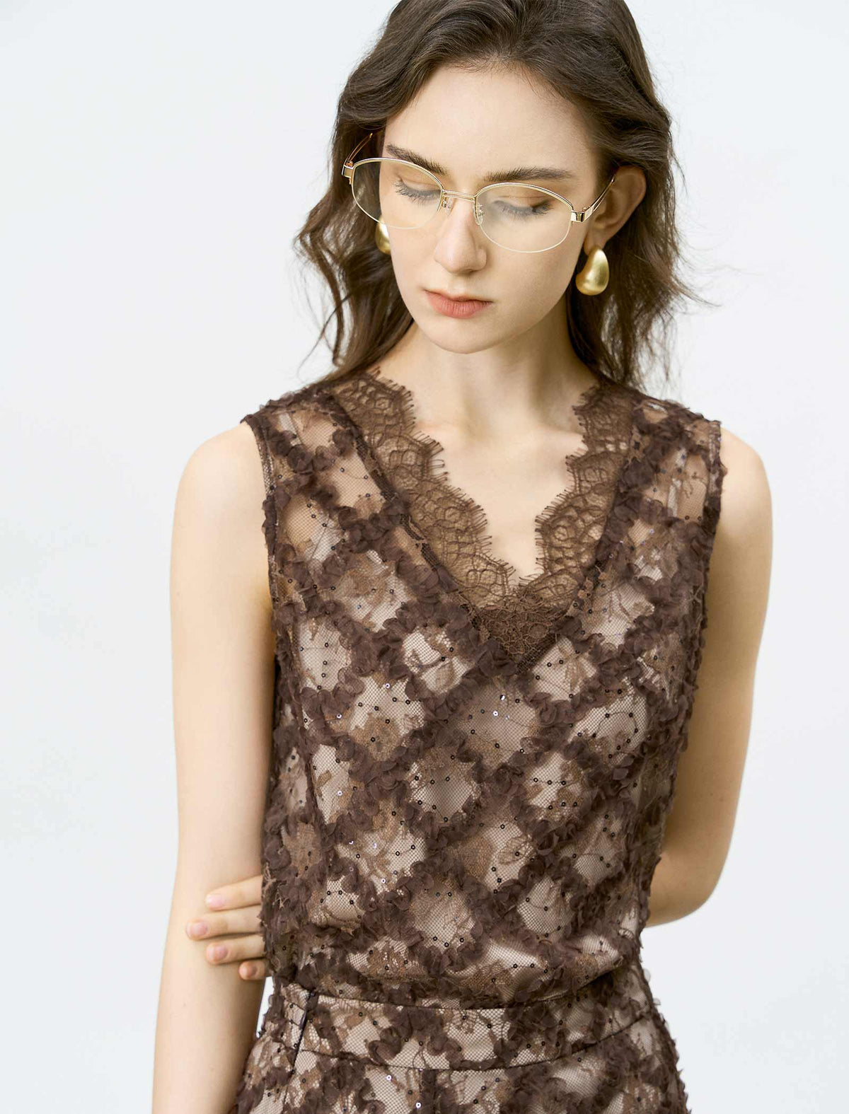 Brown Lace Embroidered Sleeveless Top