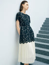 Two-Tone Black Lace Pleated Hem Midi Dress